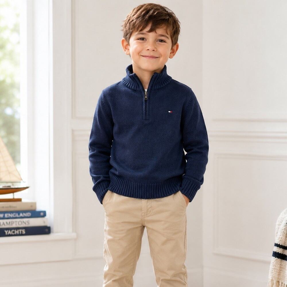Tommy Hilfiger Boys Size 6 Navy Quarter Zip 100% Cotton Sweater NWT Preppy Class